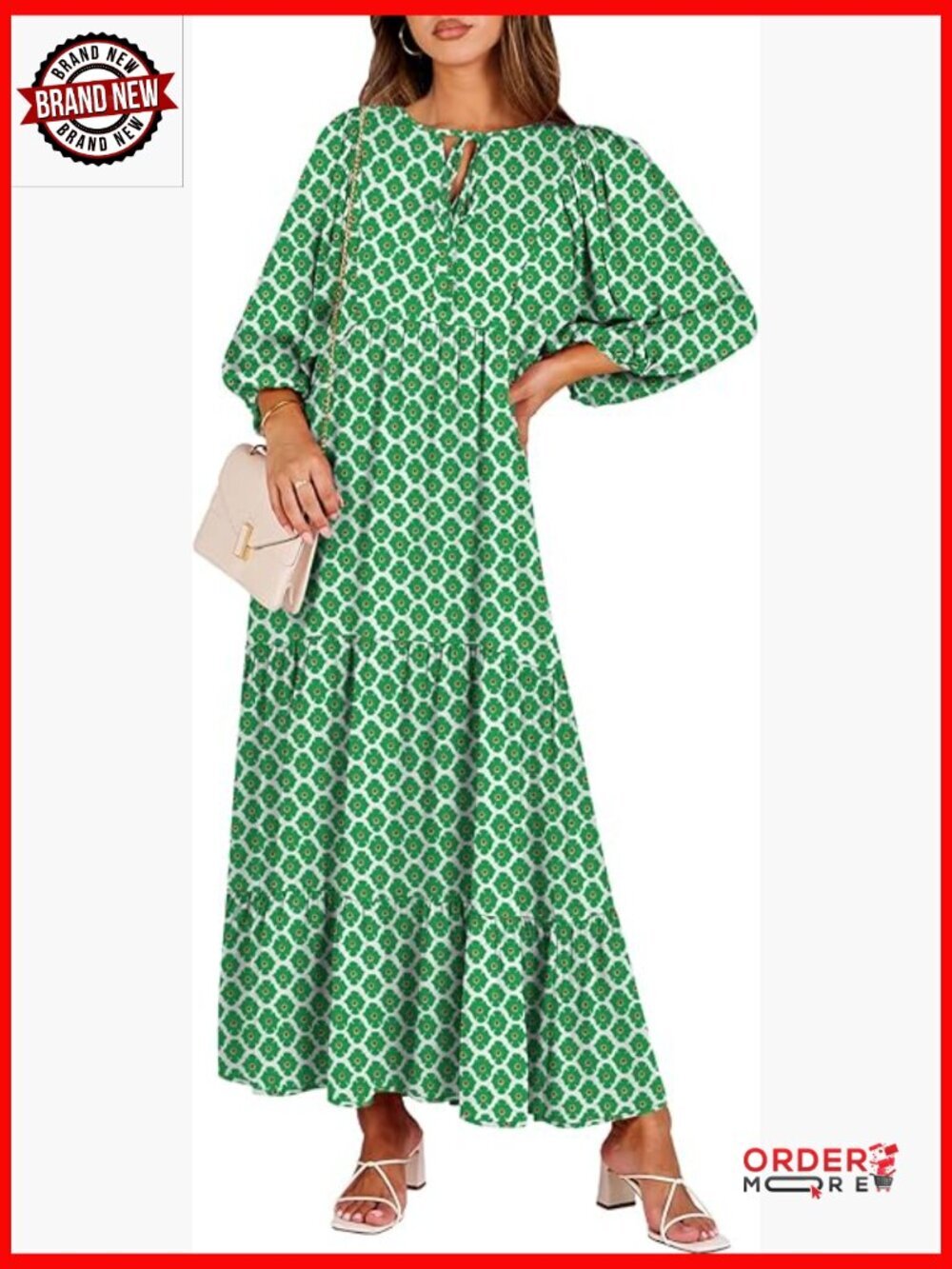 V Neck Puff Sleeve Floral Maxi Dress Boho Swing Casual Long Dress